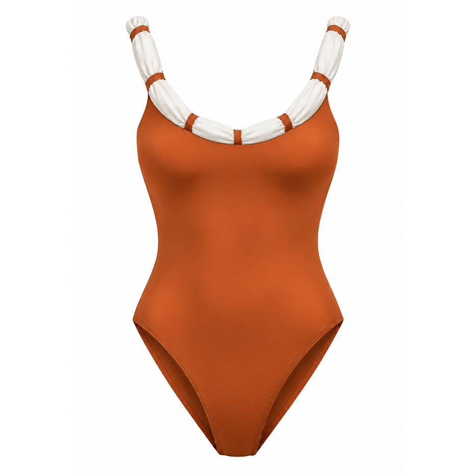 Shanti Recycled One-Piece Swimsuit With Knotted Neckline in Siena Brown