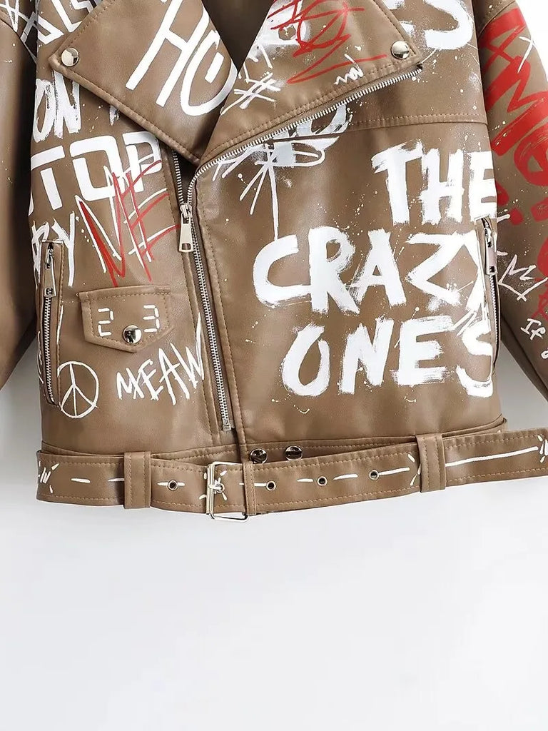 Women's Faux Soft Leather PU Rivet Punk Graffiti 3D Print Motorcycle Jacket