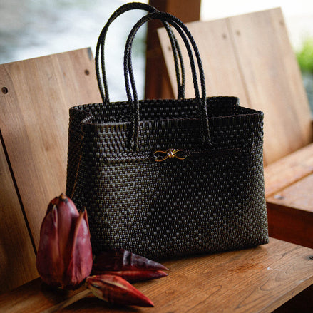 The Uma Recycled Beach Tote Black in Sand Beige