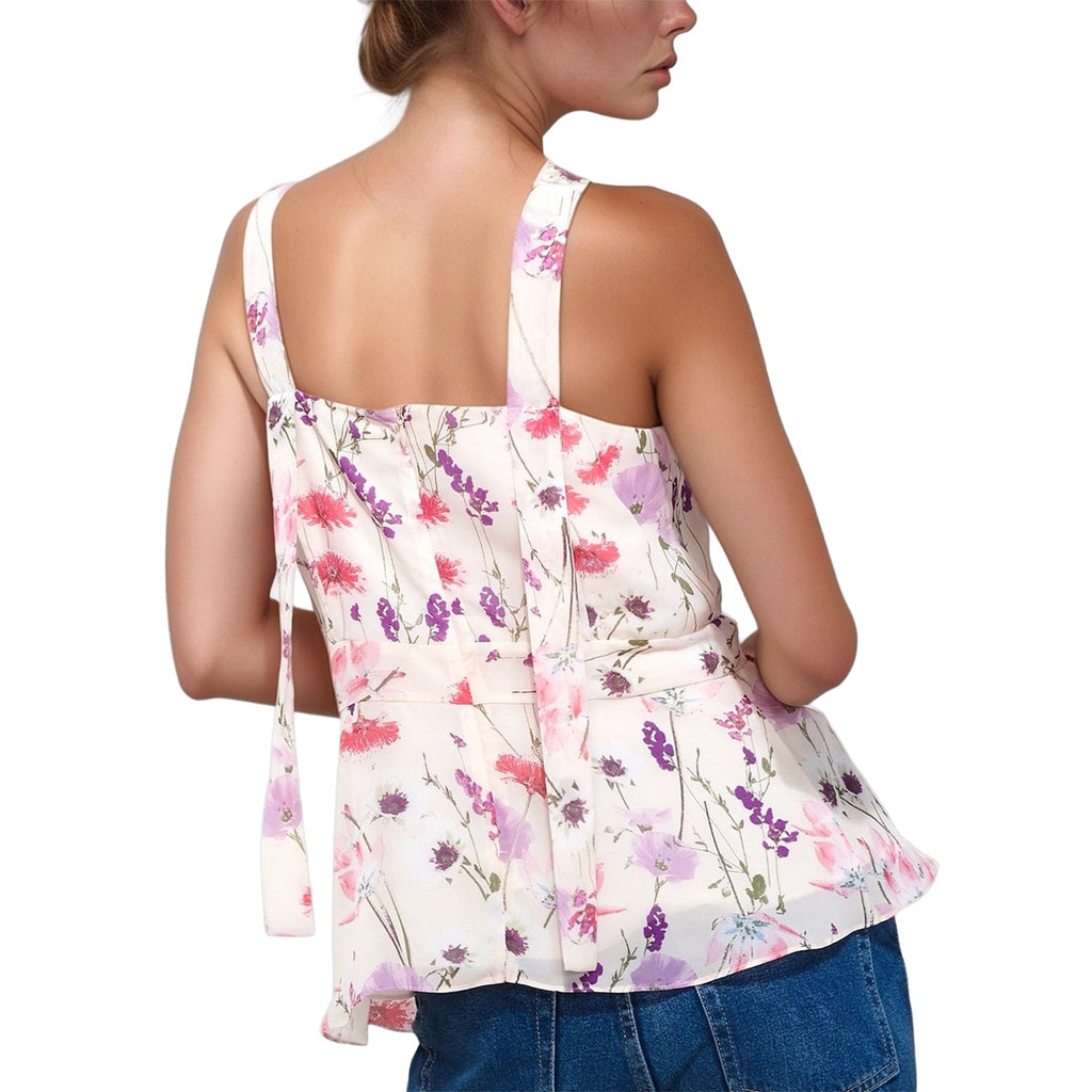 Pleione V-Neck Peplum Tank Floral Blouse In Pink