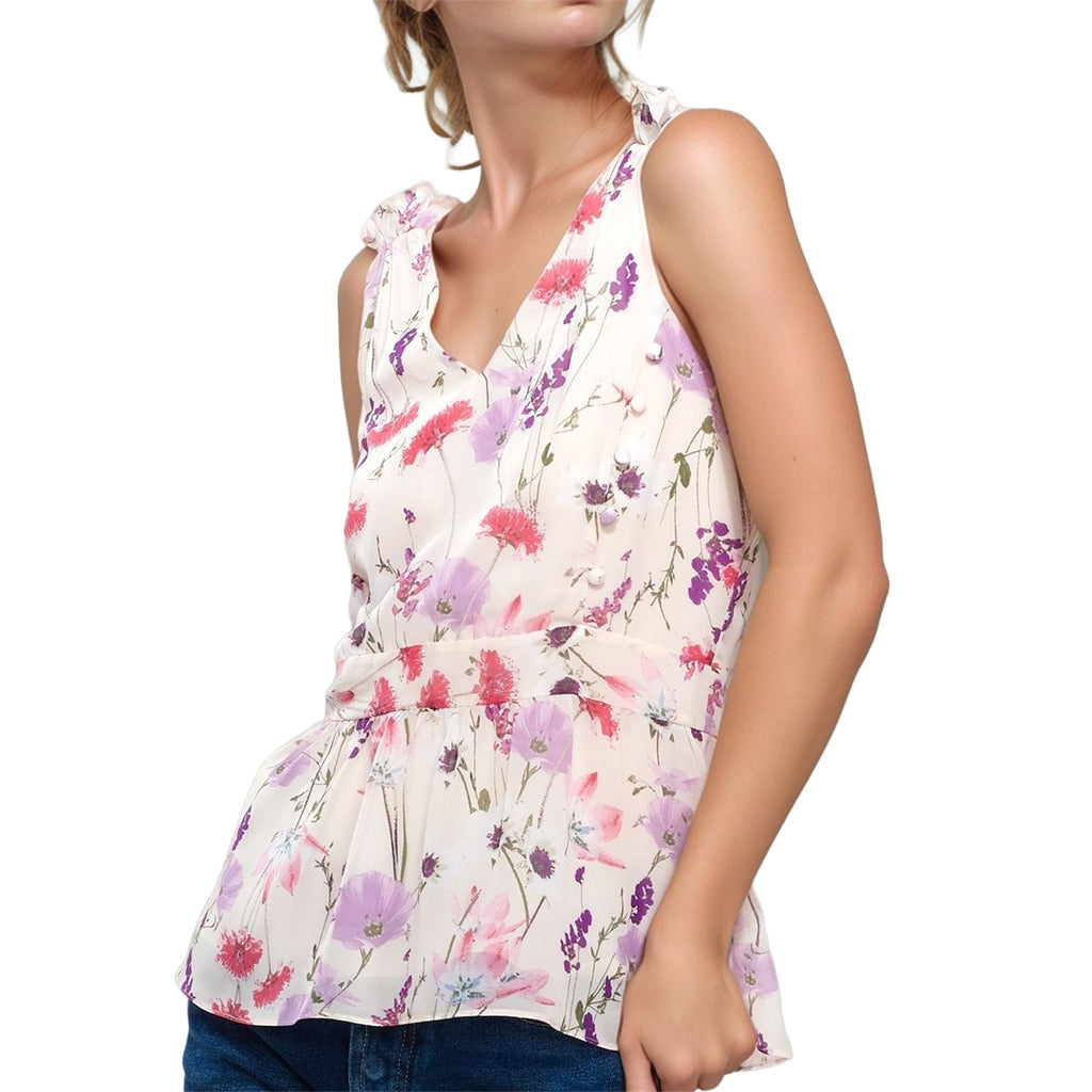 Pleione V-Neck Peplum Tank Floral Blouse In Pink