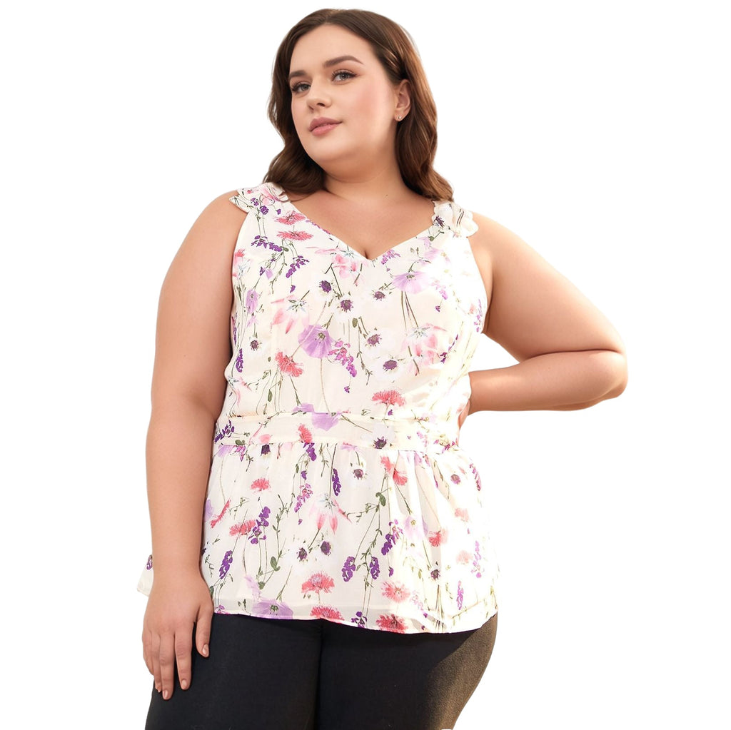 UPDATED - Pleione Plus Size V-Neck Peplum Tank Floral Blouse In Pink