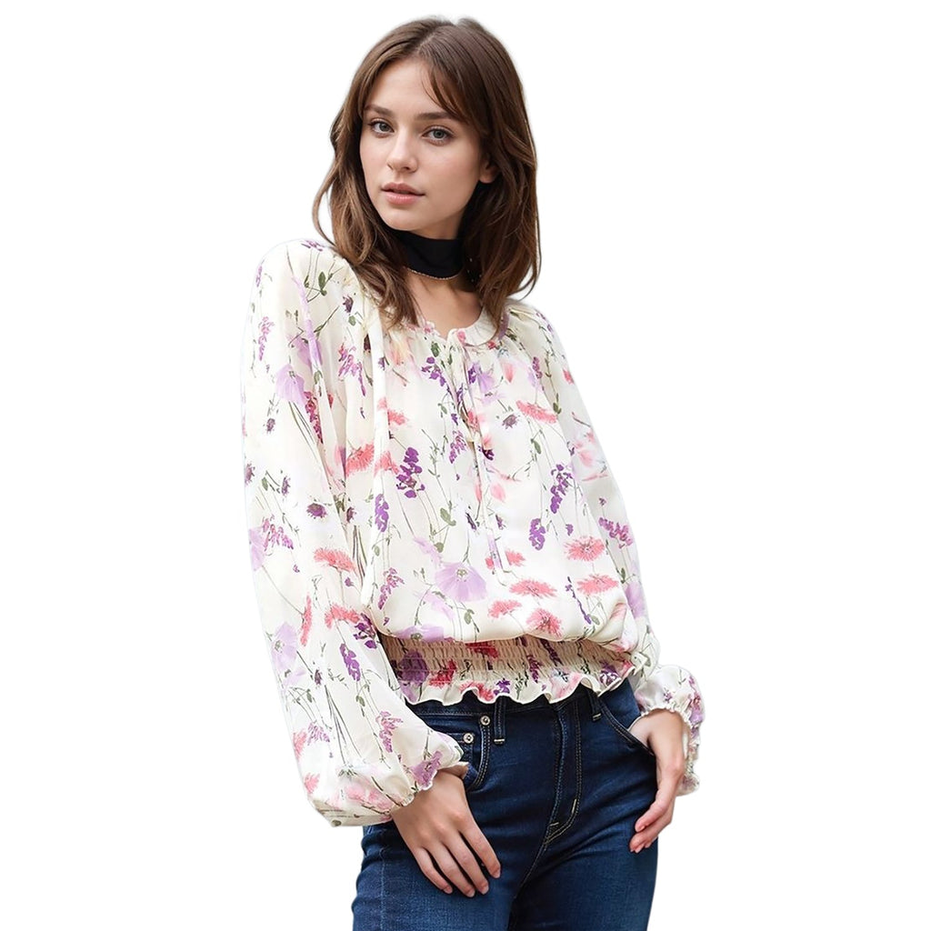 Pleione Women's Smocked Waist Tie Neck Blouse In Pink