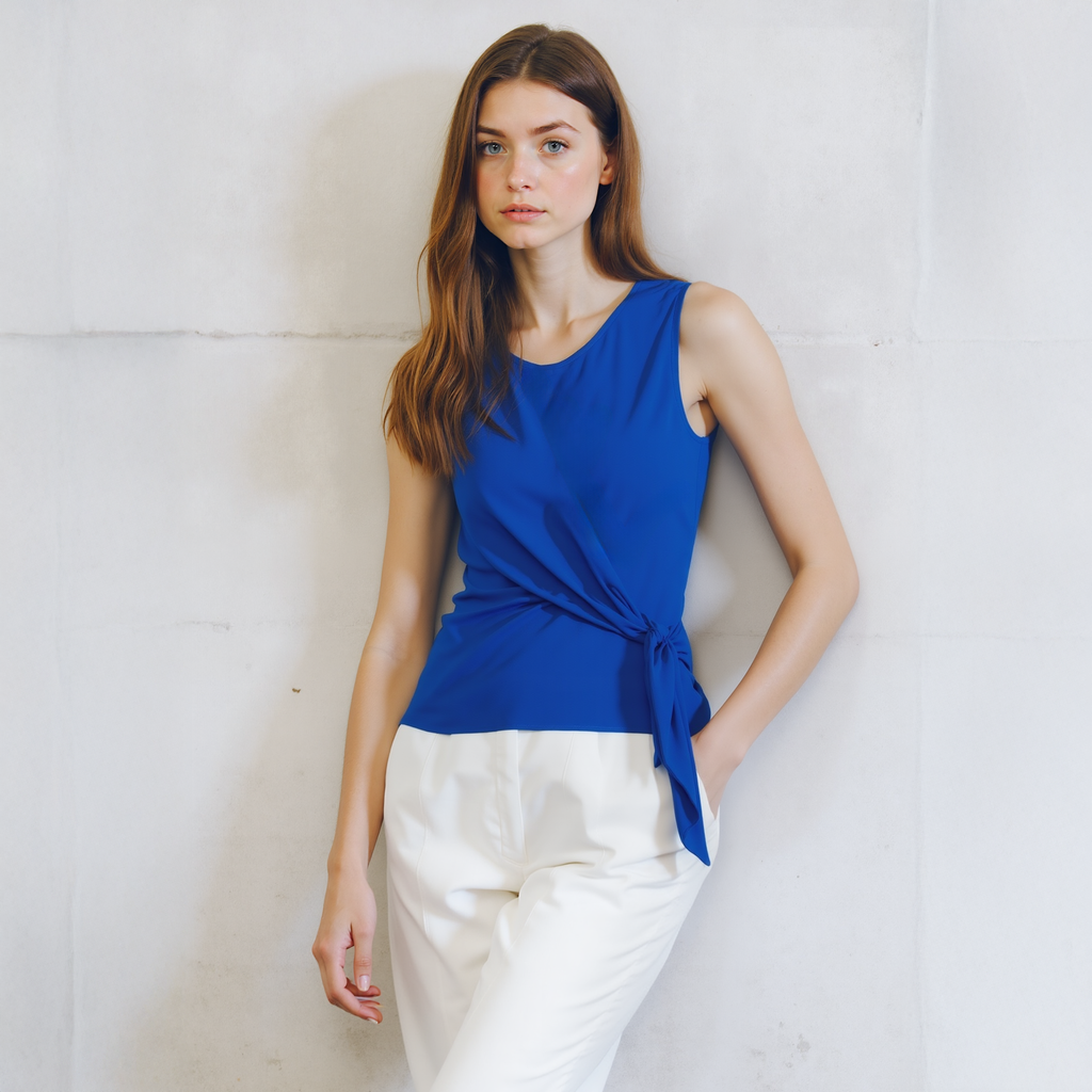 Pleione Women's Round Neck Tie Front Sleeveless Blouse