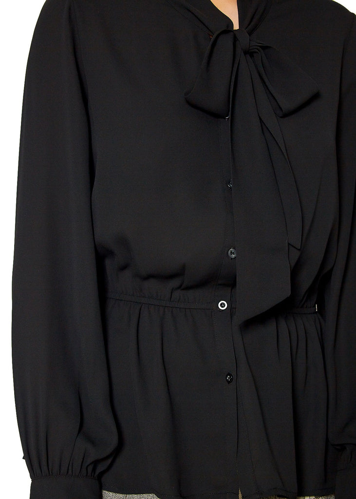 N/A Pleione Tie Neck Button Down Peplum Blouse in Black