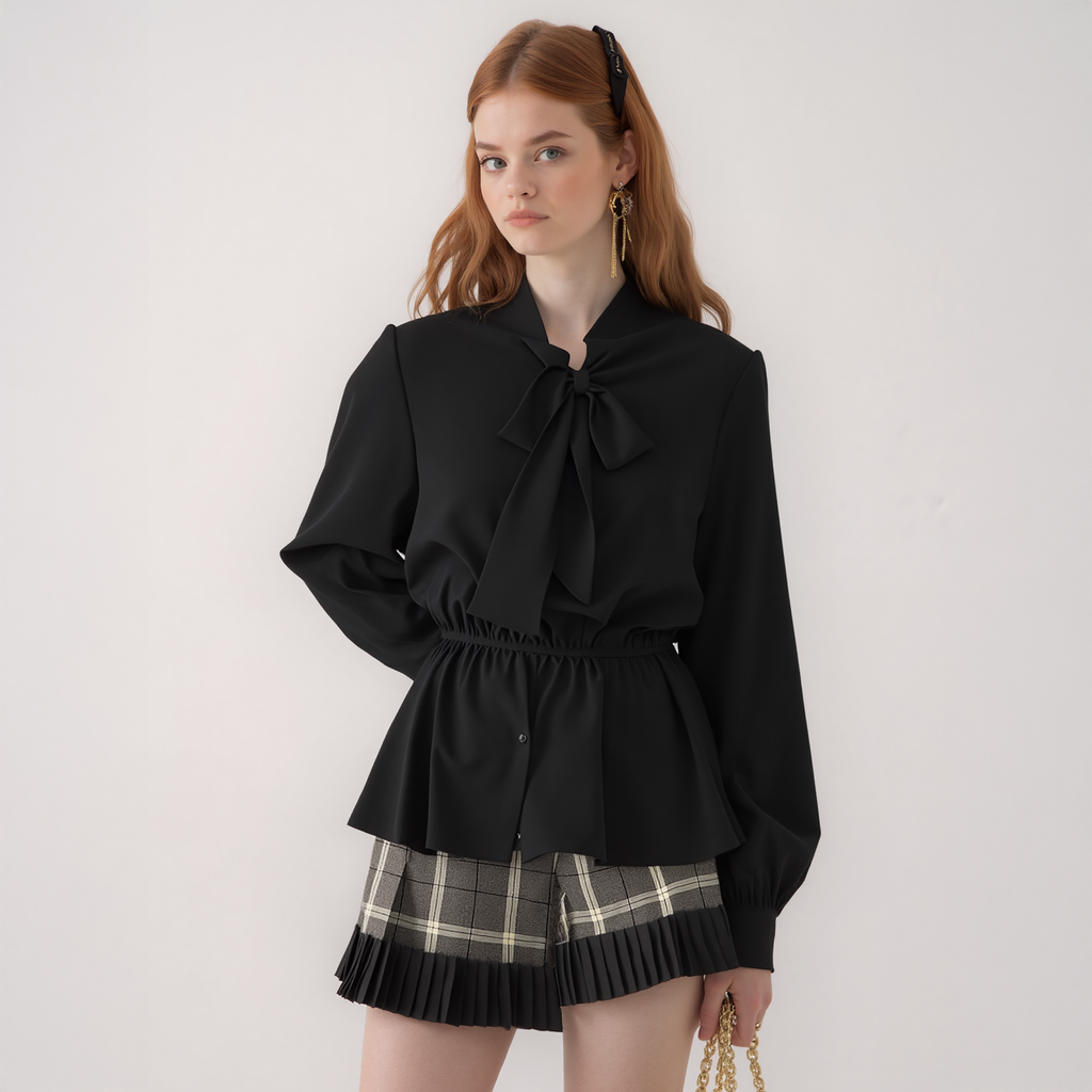 N/A Pleione Tie Neck Button Down Peplum Blouse in Black