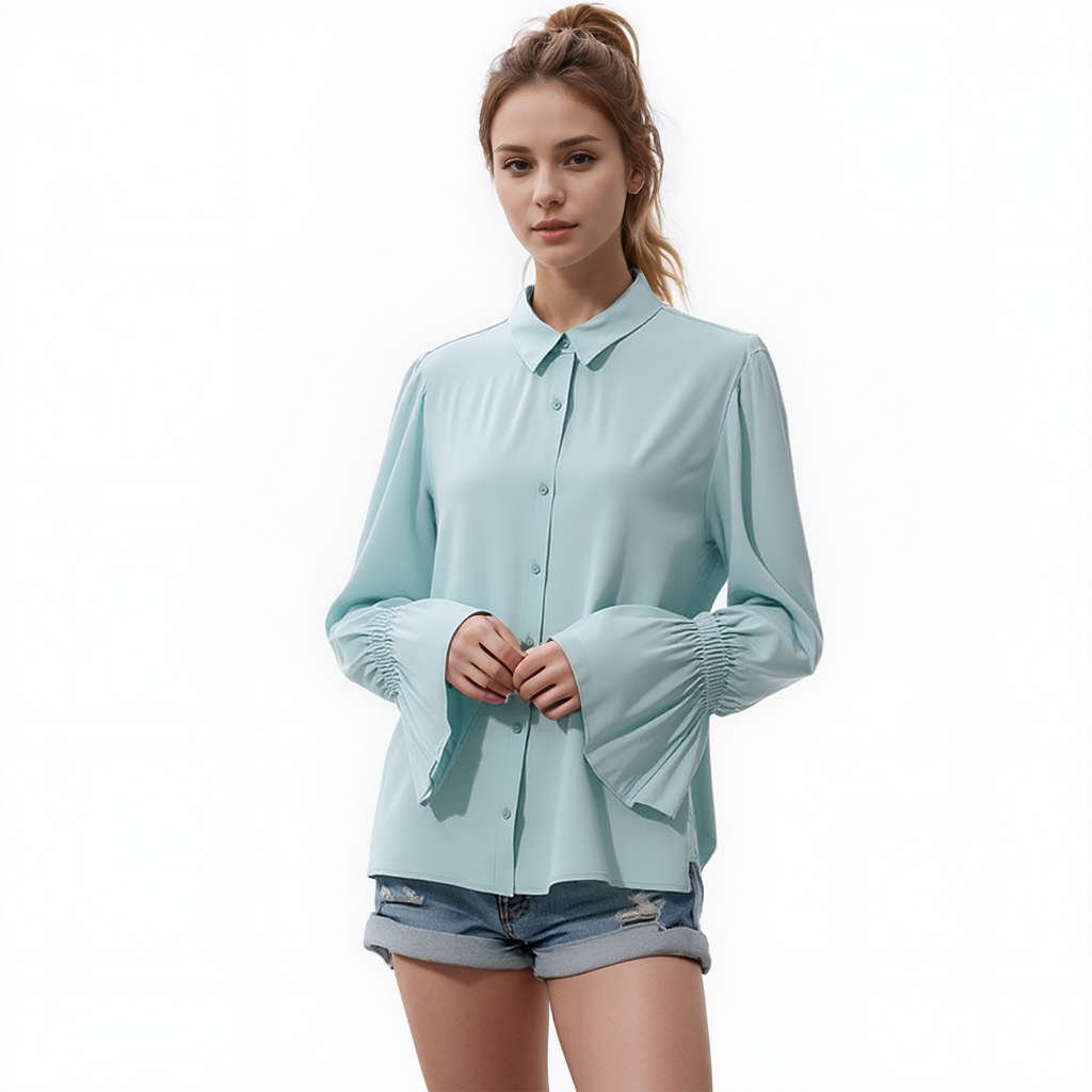 Pleione Self-tie Bell Cuff Button Down Shirt Blouse