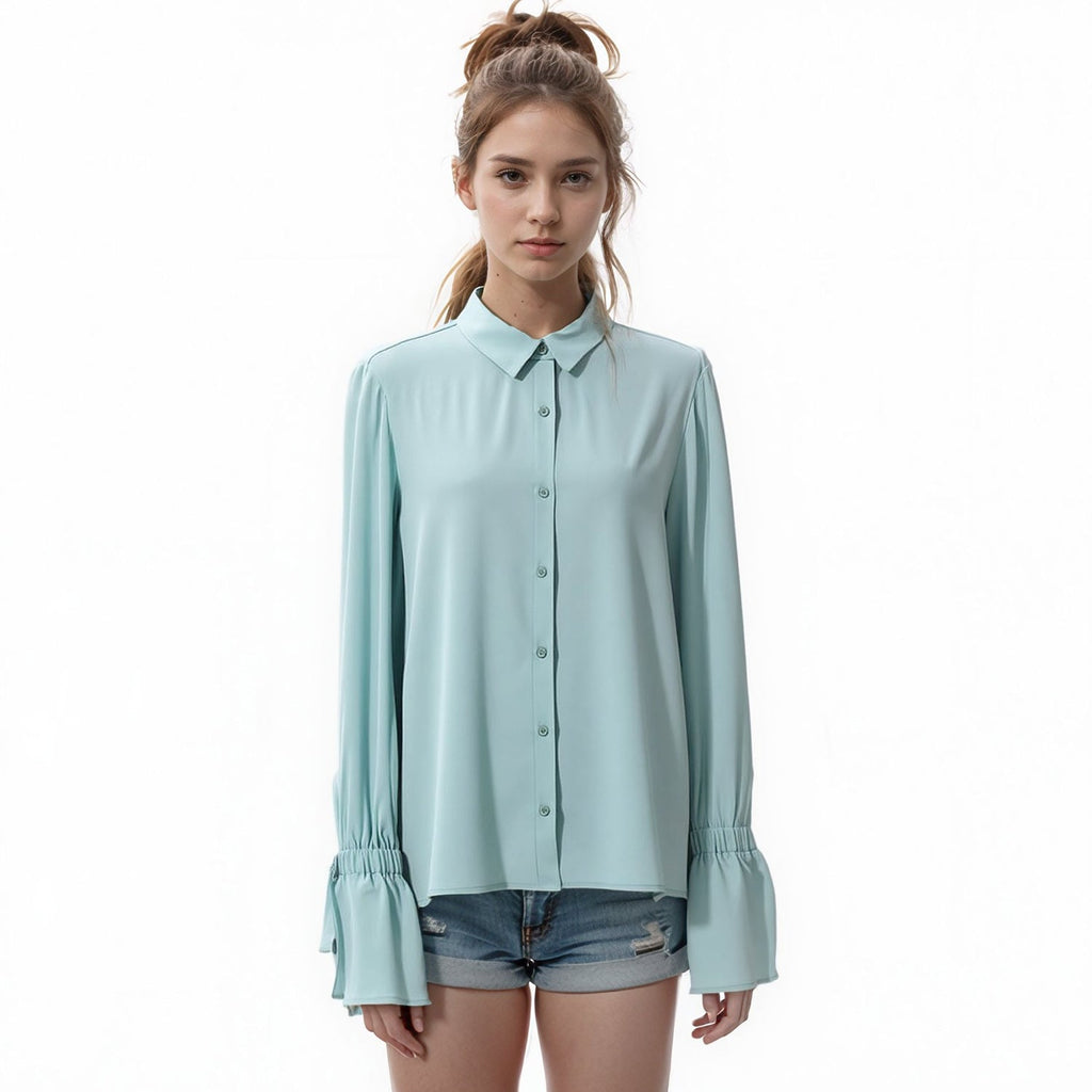 Pleione Self-tie Bell Cuff Button Down Shirt Blouse