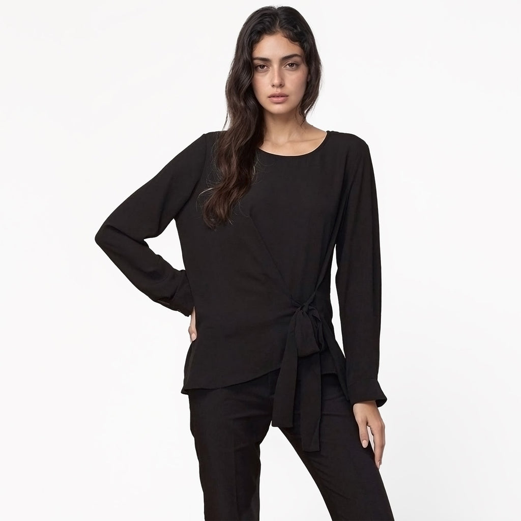 Pleione Women's Self-Tie Wrap Front Blouse in Black