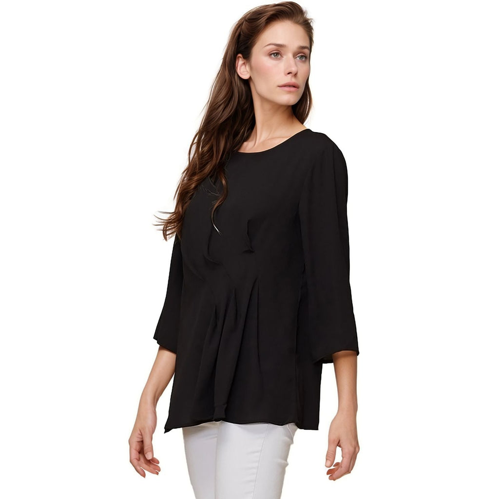 Pleione Women's 3/4 Sleeve Pleated Blouse Top in Black