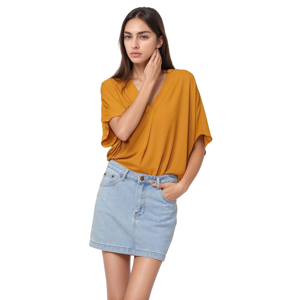 Pleione Hi-Lo Dolman Short Sleeve V-neck Blouse