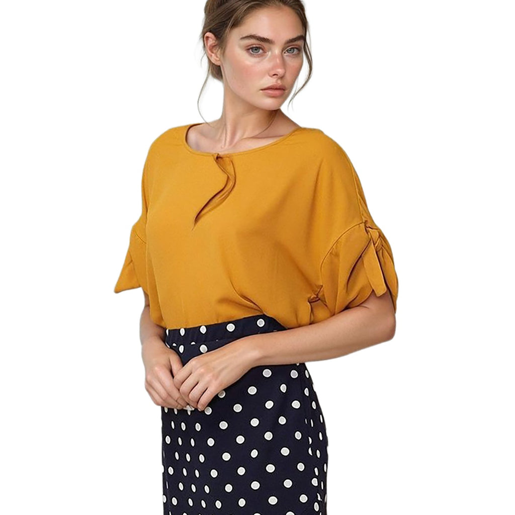 Pleione Round Neck Self-tie Short Sleeve Top