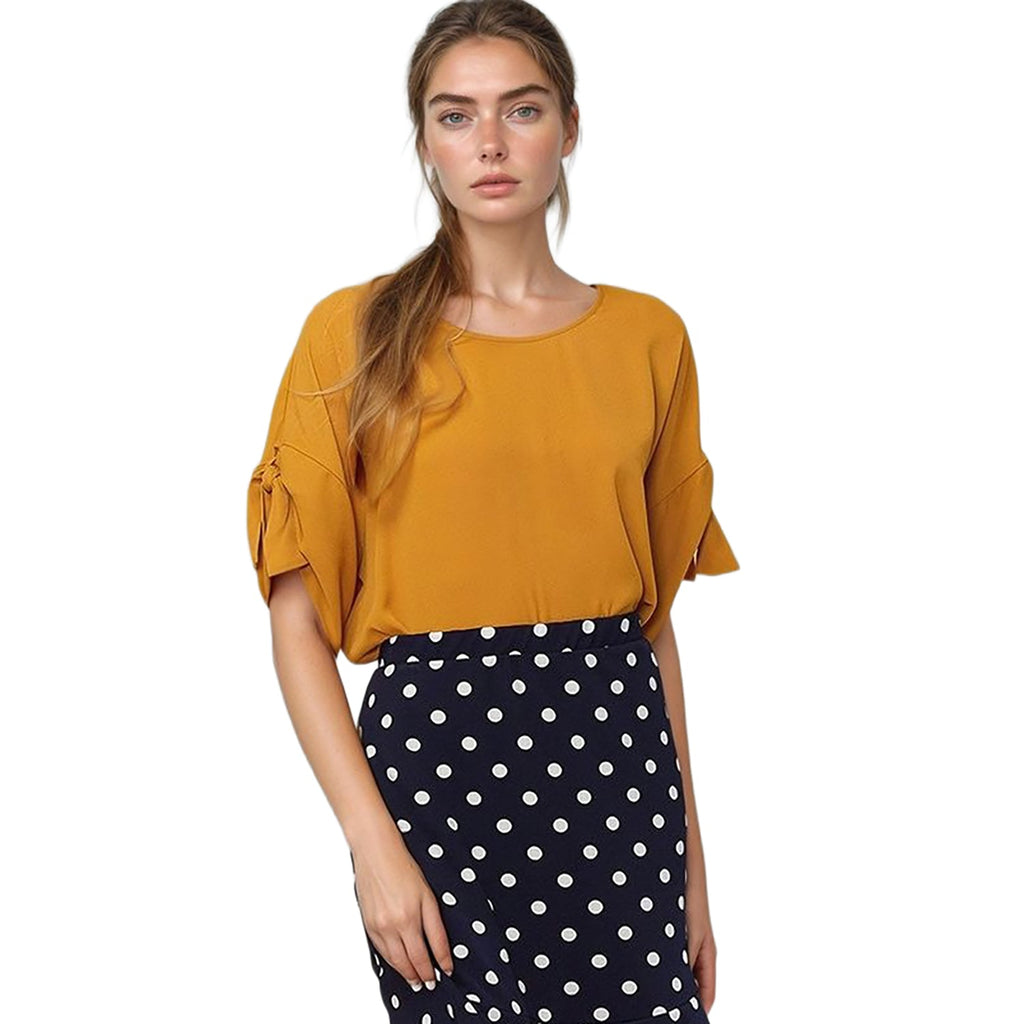 Pleione Round Neck Self-tie Short Sleeve Top