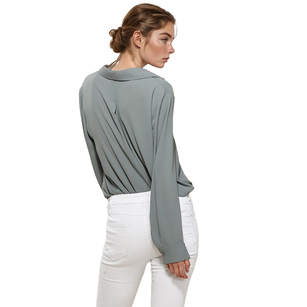 Pleione V-Neck Front Placket Long Sleeve Blouse