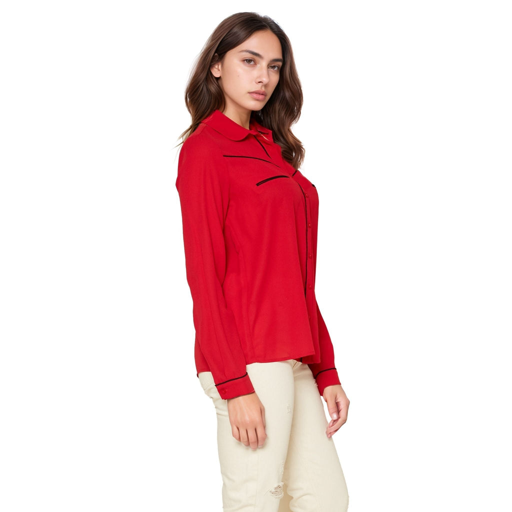 Pleione Women's Rounded Collar Button Down Shirt Blouse in Red