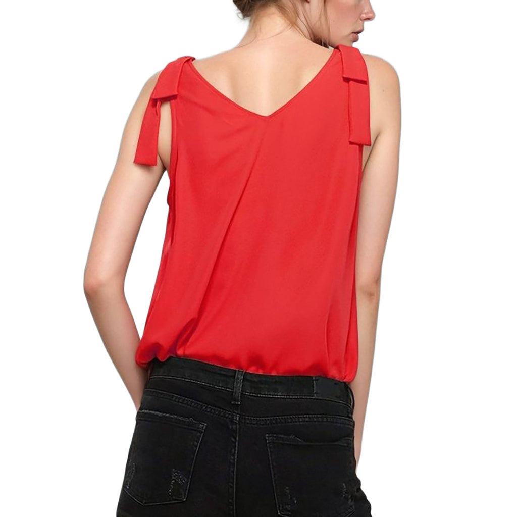 Pleione Women's V-Neck Bow Tie Shoulder Cami Blouse