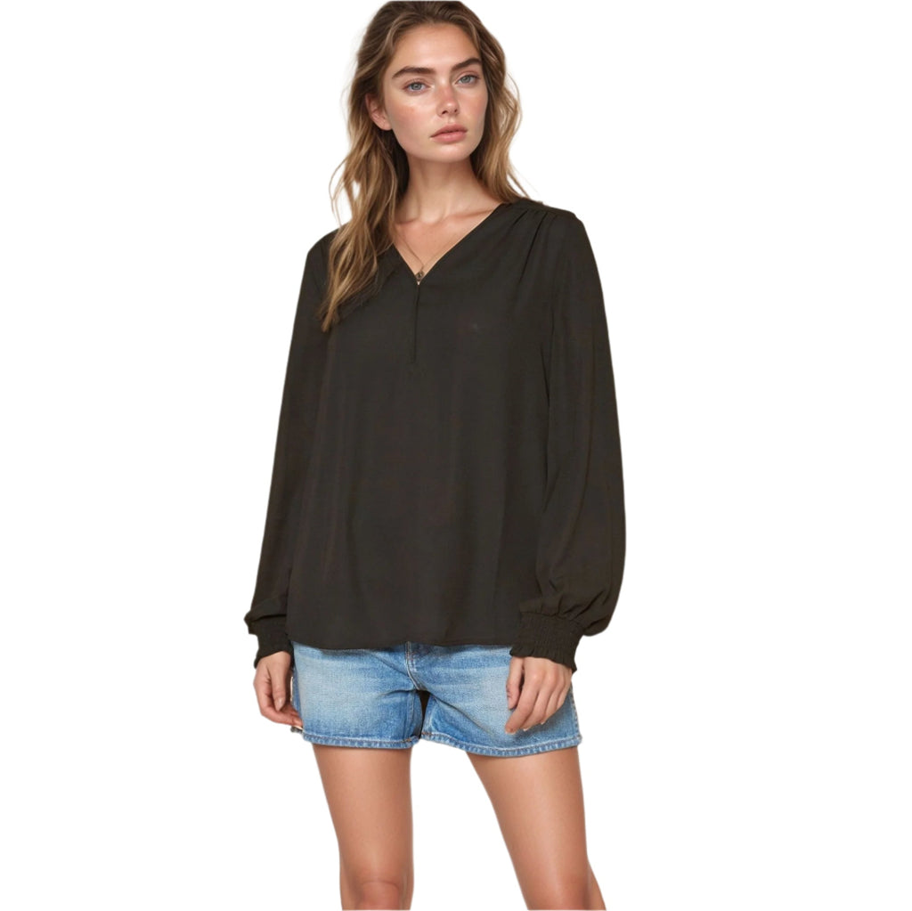N/A Pleione Solid V-Neck Smock Wrist Blouse in Black (FIND)