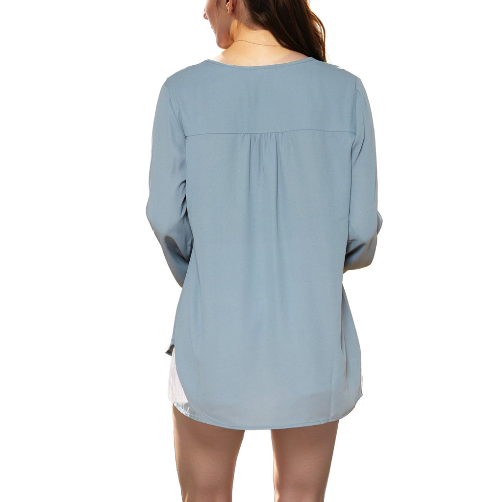N/A Pleione Solid V-Neck Smock Wrist Blouse in Caspian Blue (FIND)
