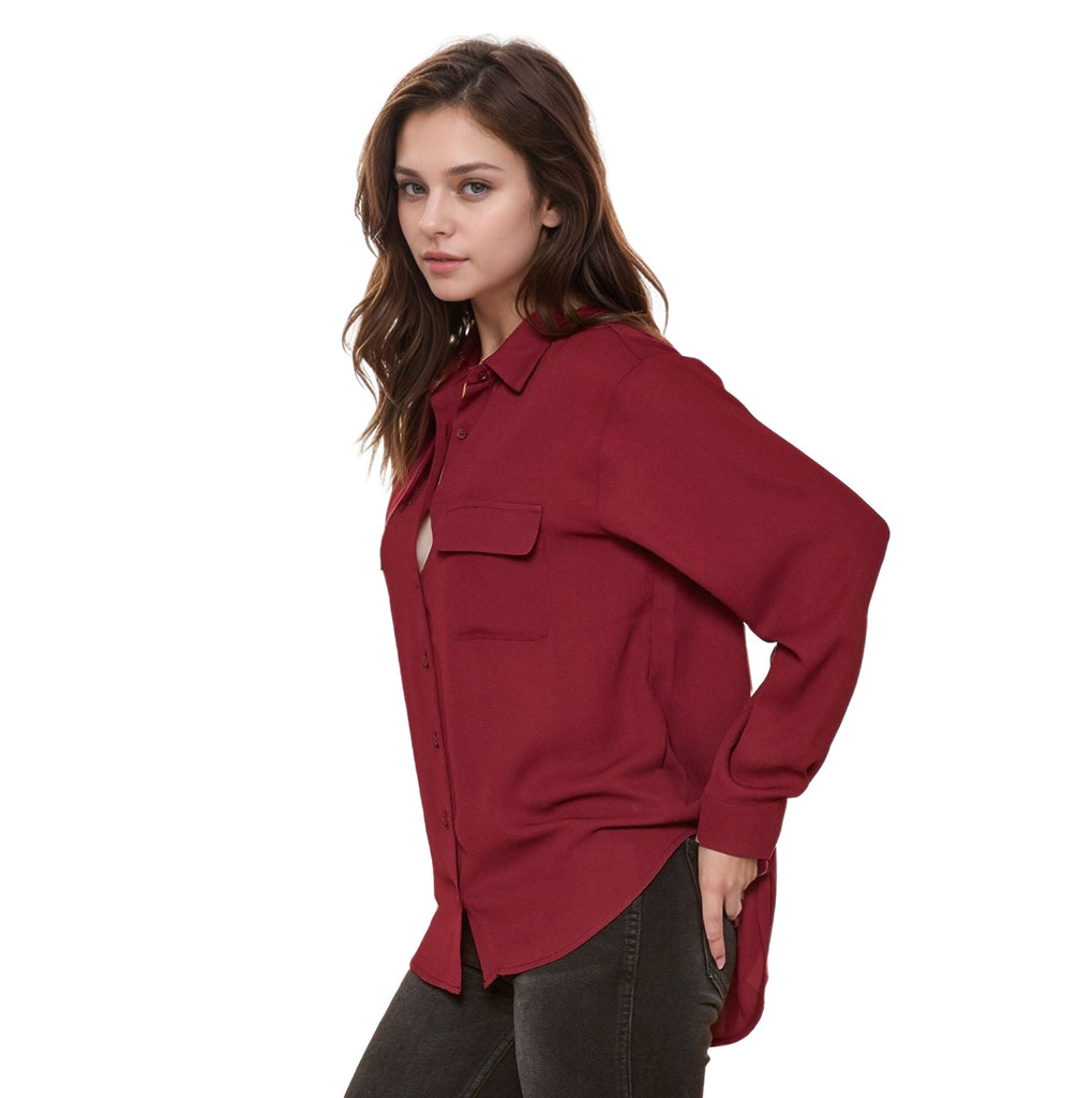 Pleione Women's Solid Low Back Button Shirt in Burgundy