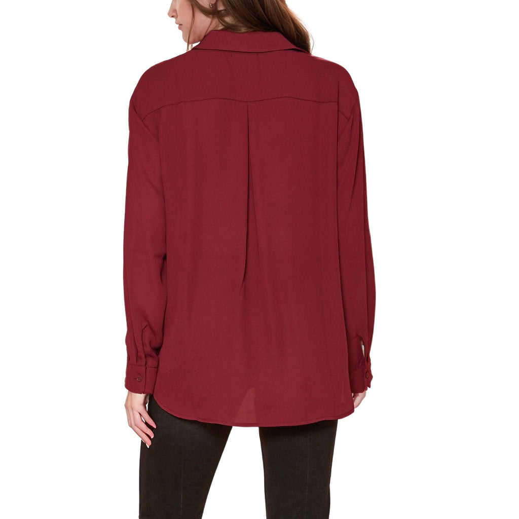 Pleione Women's Solid Low Back Button Shirt in Burgundy