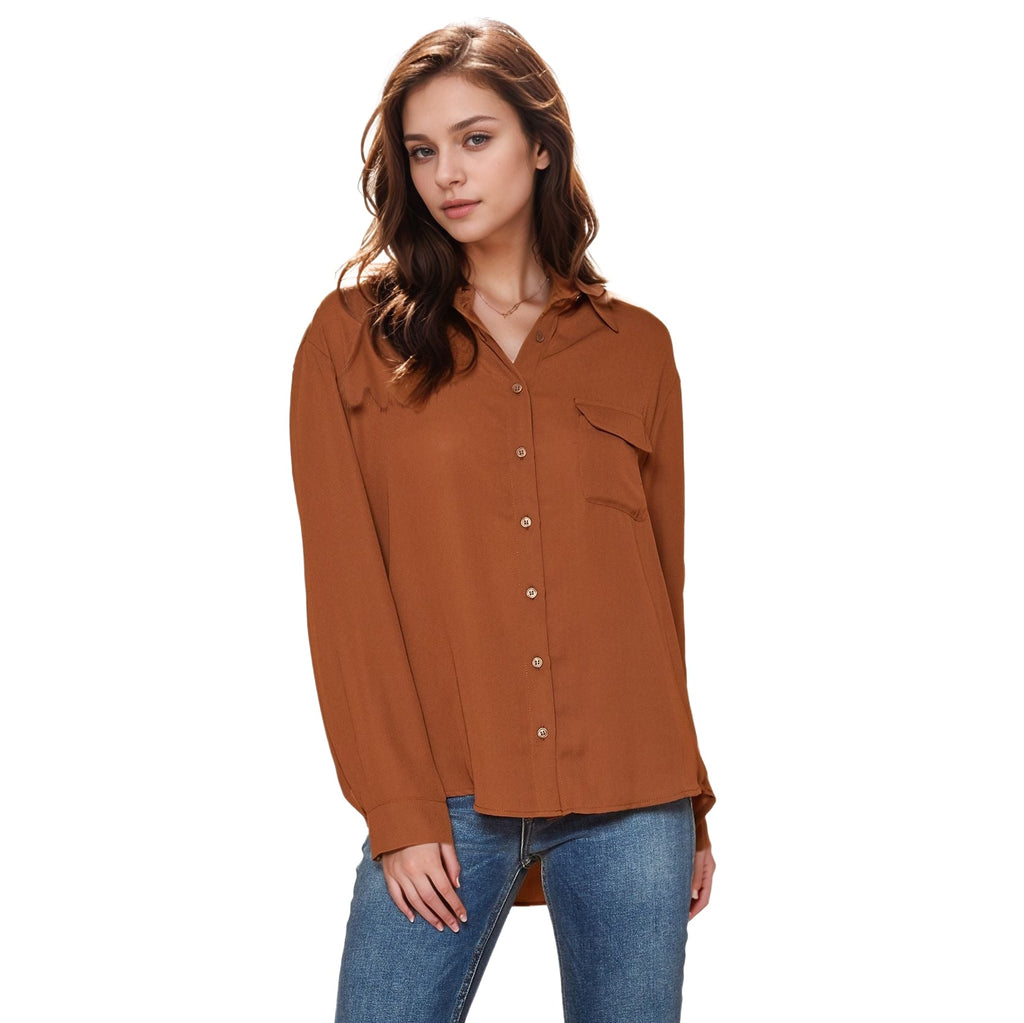 Pleione Women's Solid Low Back Button Shirt in Brown