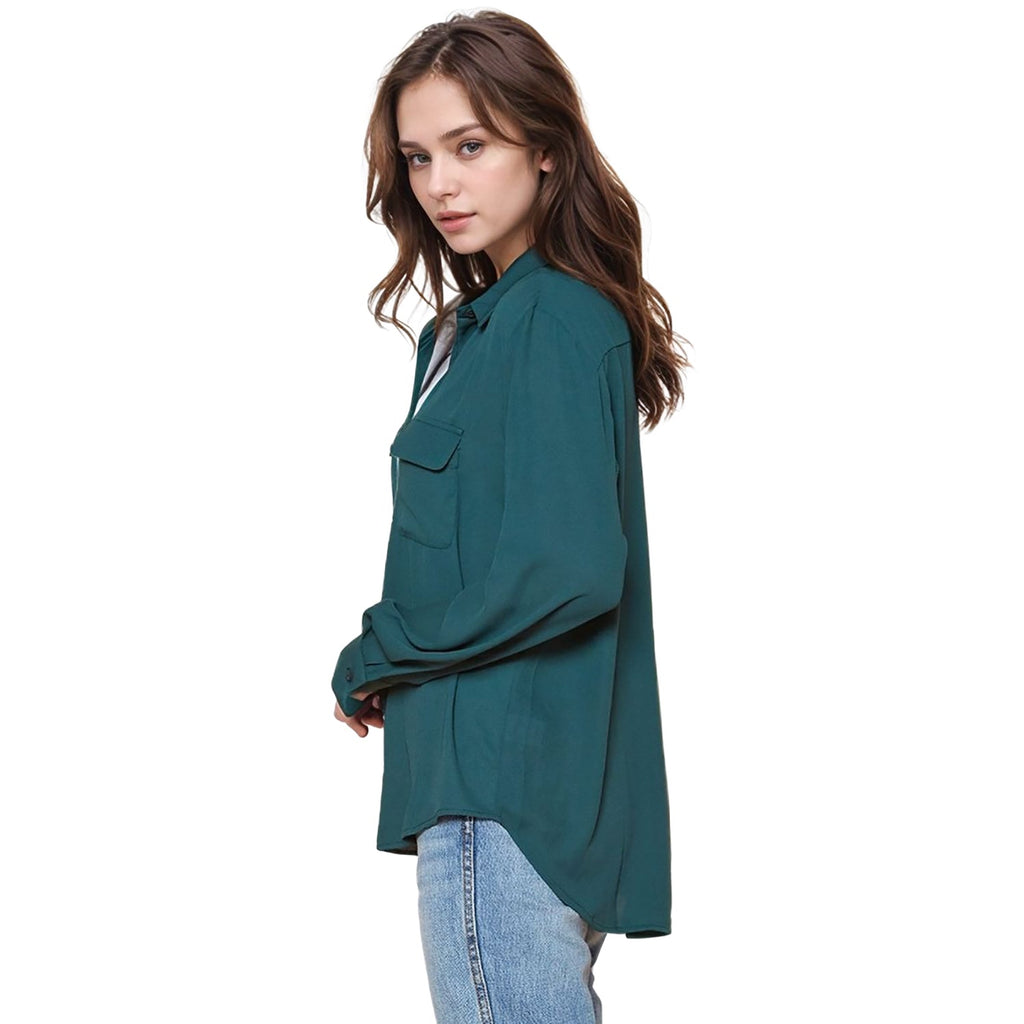 Pleione Women's Solid Low Back Button Shirt in Green