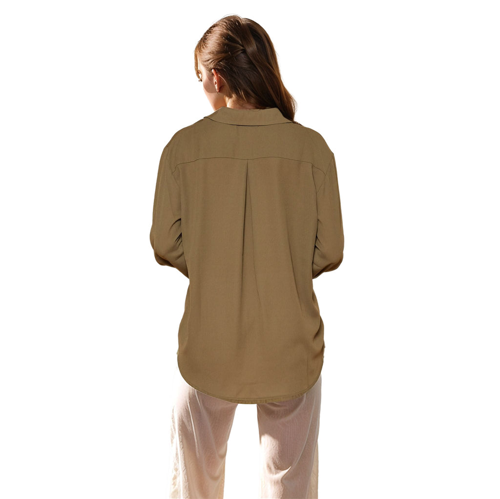 Pleione Women's Solid Low Back Button Shirt in Olive
