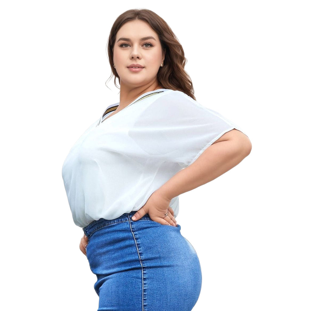 UPDATED - Pleione Plus Size V-Neck Chiffon Blouse Top In White