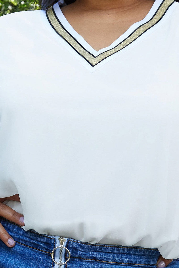 UPDATED - Pleione Plus Size V-Neck Chiffon Blouse Top In White