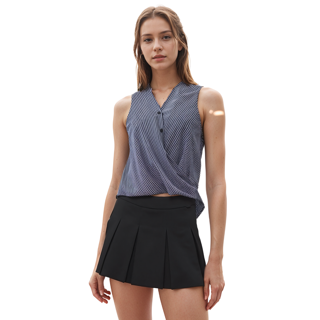 Pleione Sleeveless Hi-Lo Surplice Wrap Button Top In Blue Stripe