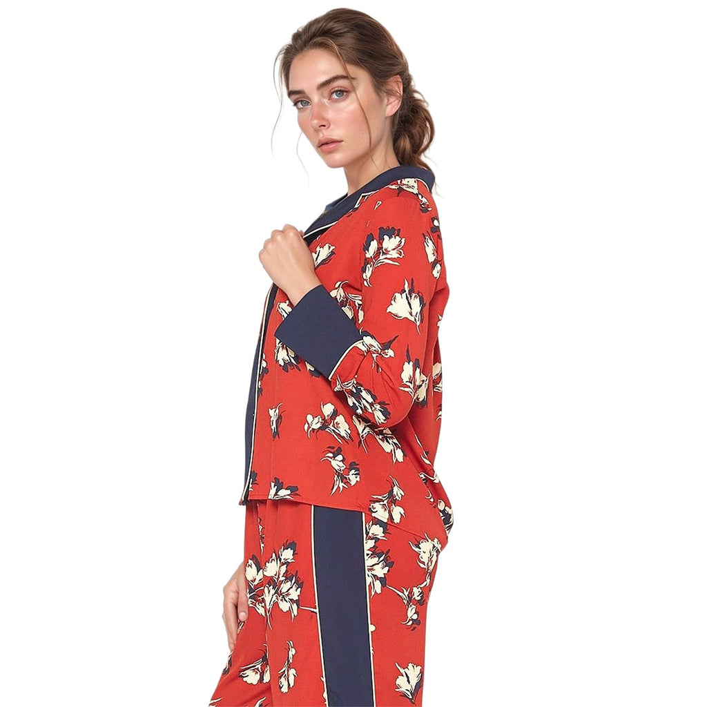 Pleione Floral Navy Contrast Pajama Blouse