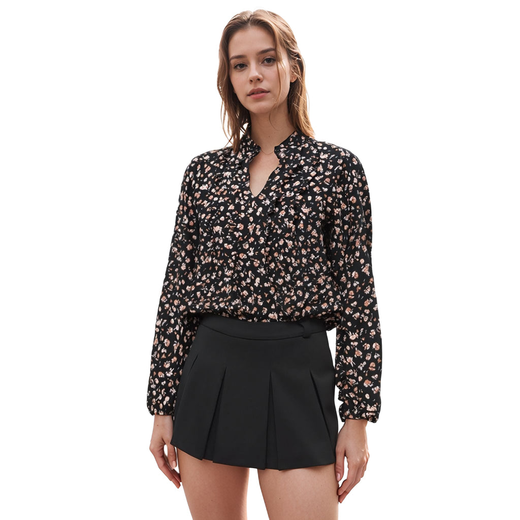 UPDATED - Pleione Long Sleeve Printed Ruffle Down Blouse