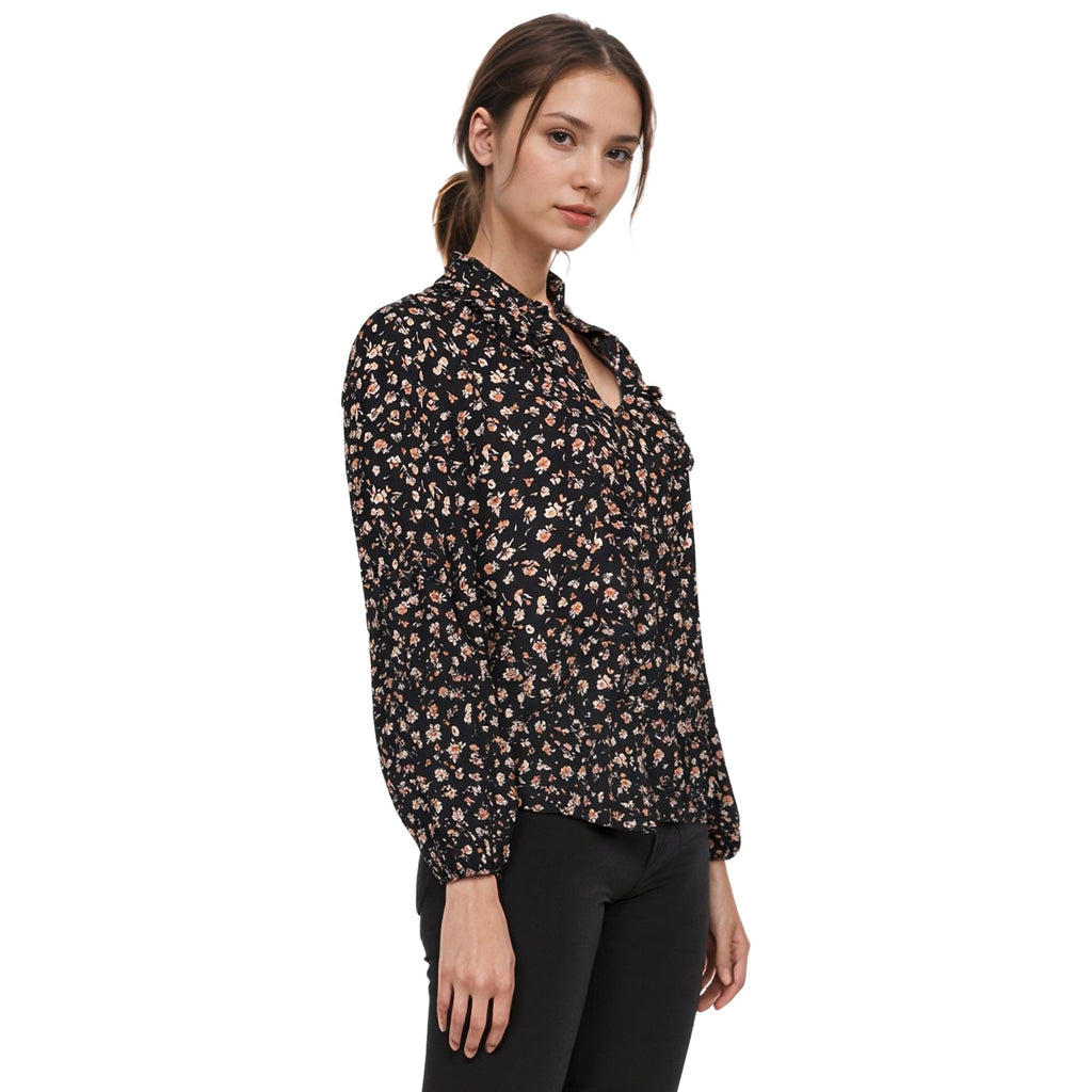 UPDATED - Pleione Long Sleeve Printed Ruffle Down Blouse
