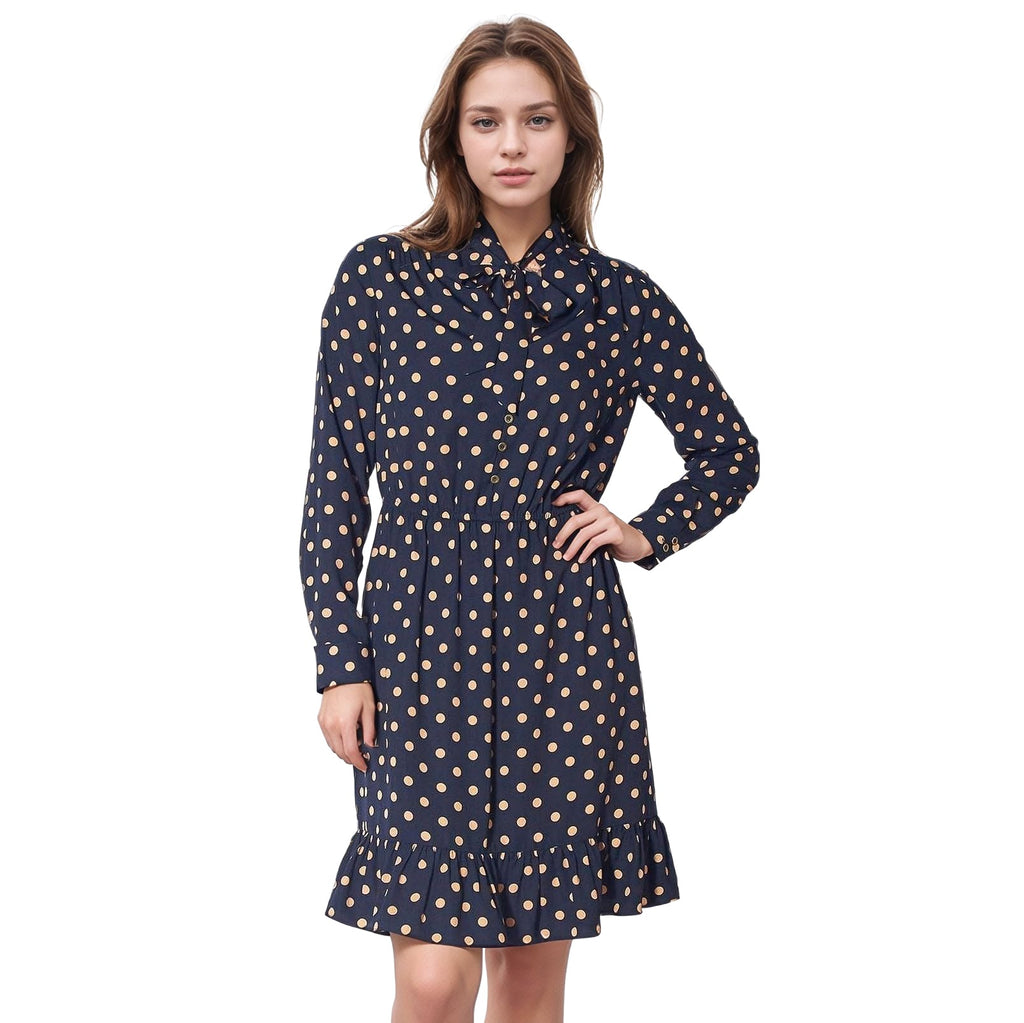 UPDATED - Pleione Polka Dot Tie Neck Dress in Navy Taupe Polka