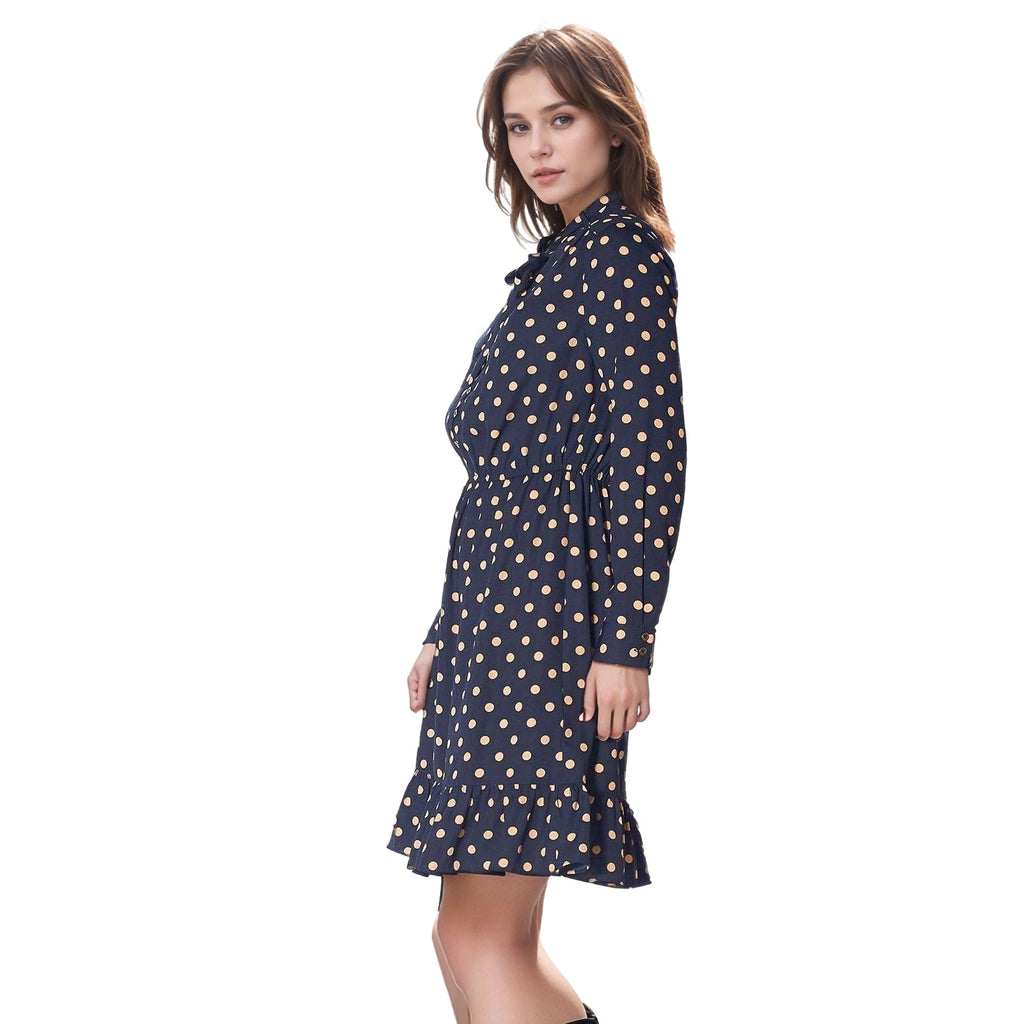 UPDATED - Pleione Polka Dot Tie Neck Dress in Navy Taupe Polka