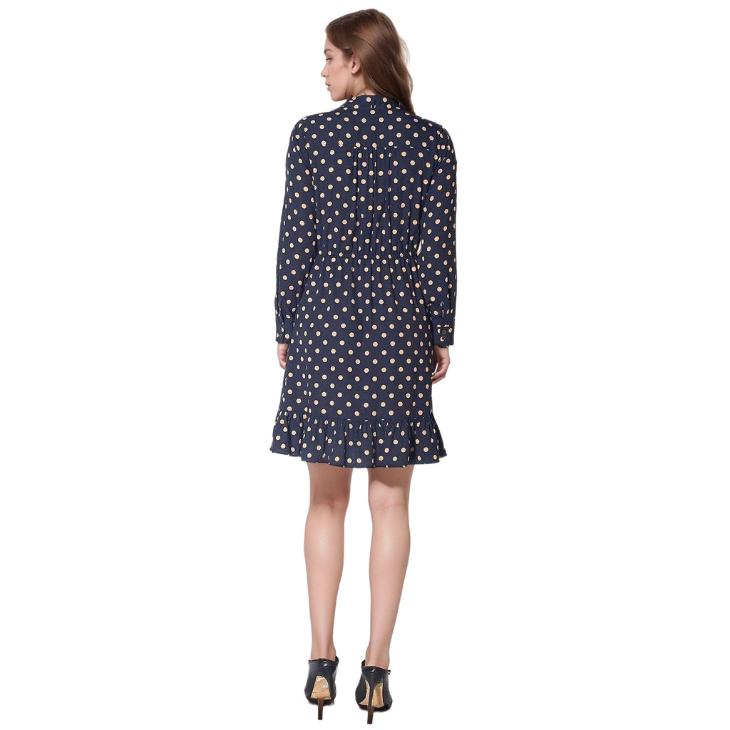 UPDATED - Pleione Polka Dot Tie Neck Dress in Navy Taupe Polka