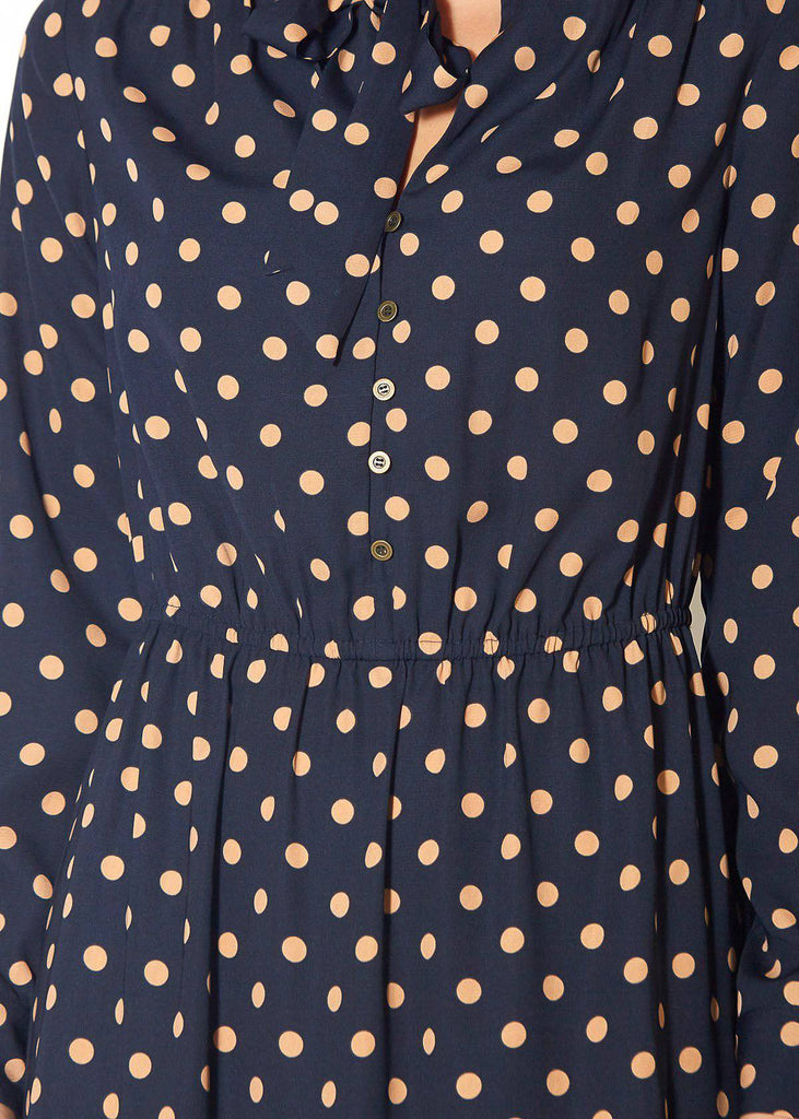 UPDATED - Pleione Polka Dot Tie Neck Dress in Navy Taupe Polka