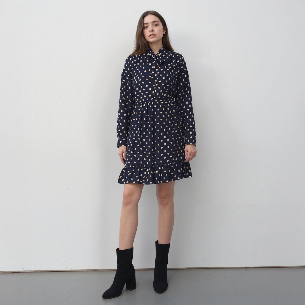 UPDATED - Pleione Polka Dot Tie Neck Dress in Navy Taupe Polka