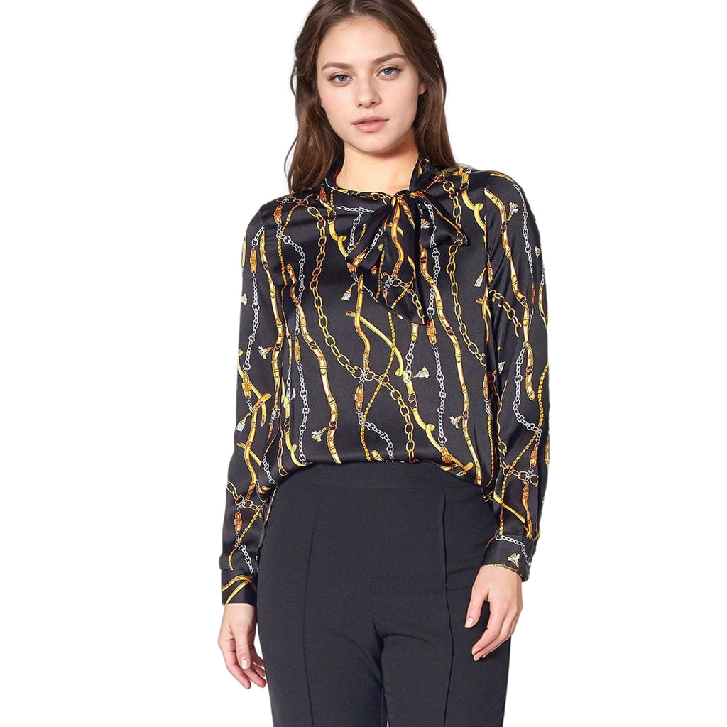 Pleione Women's Chained Print Scarf Tie Blouse