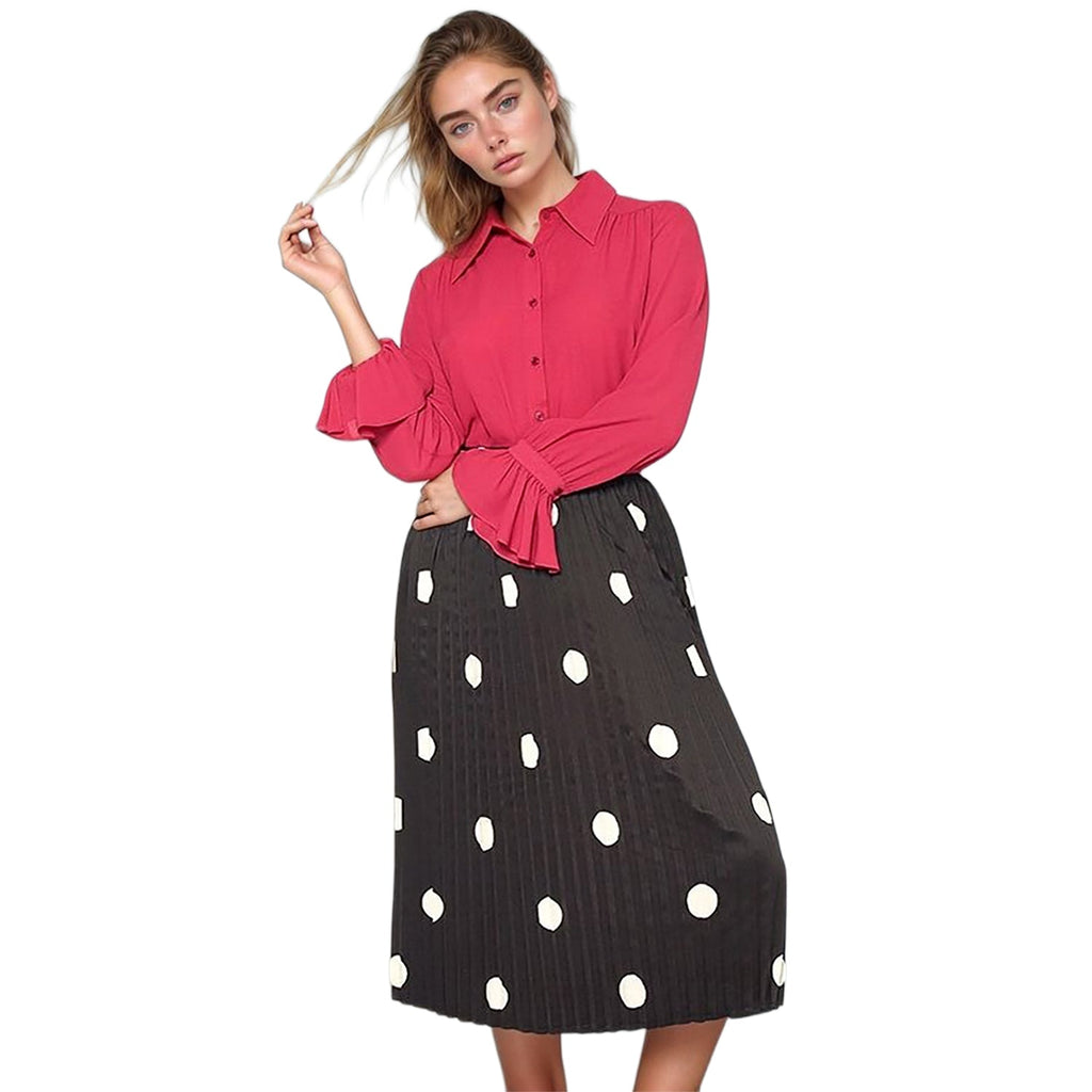 Pleione Pleated Polka Dot Midi Skirt In Black
