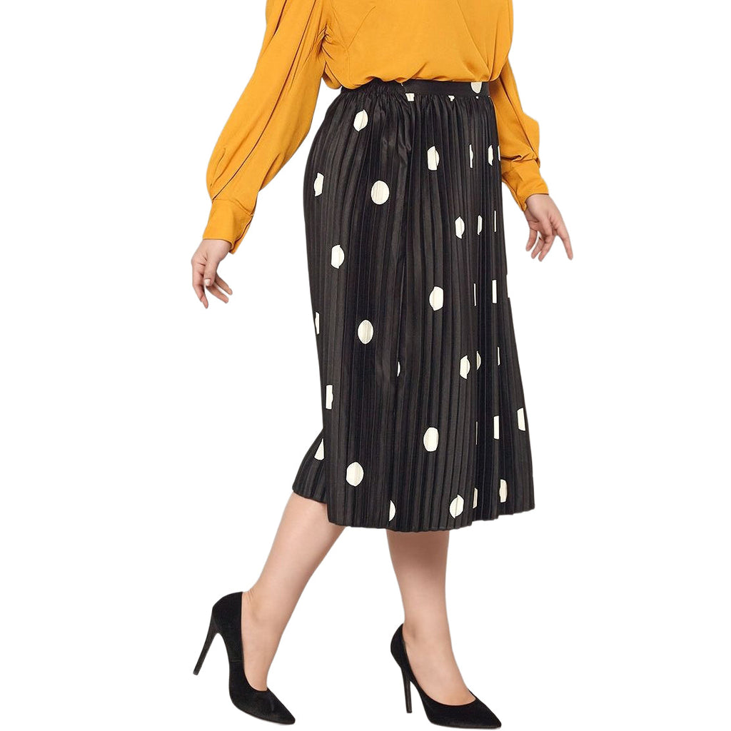 UPDATED - Pleione Plus Size Pleated Polka Dot Midi Skirt In Black