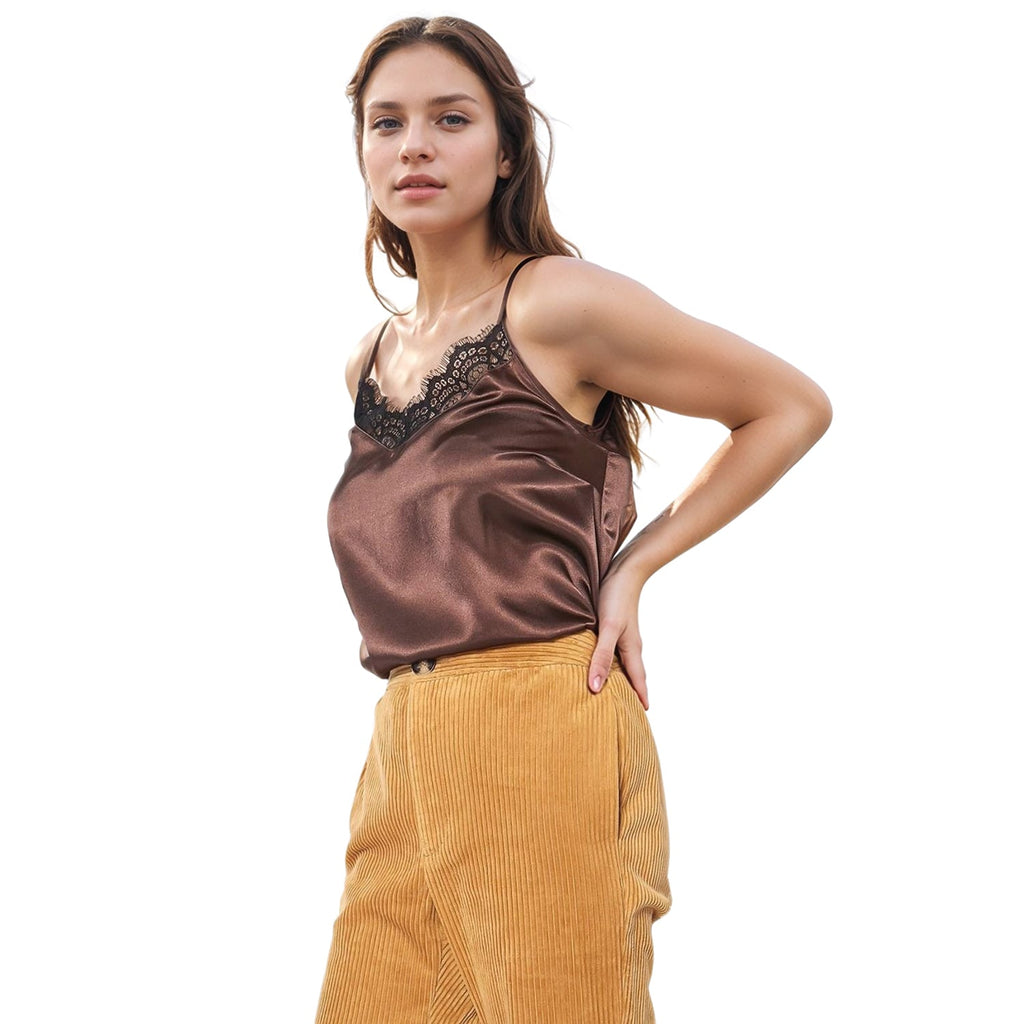 Pleione Women's Lace Trim Cami Blouse In Chocolate
