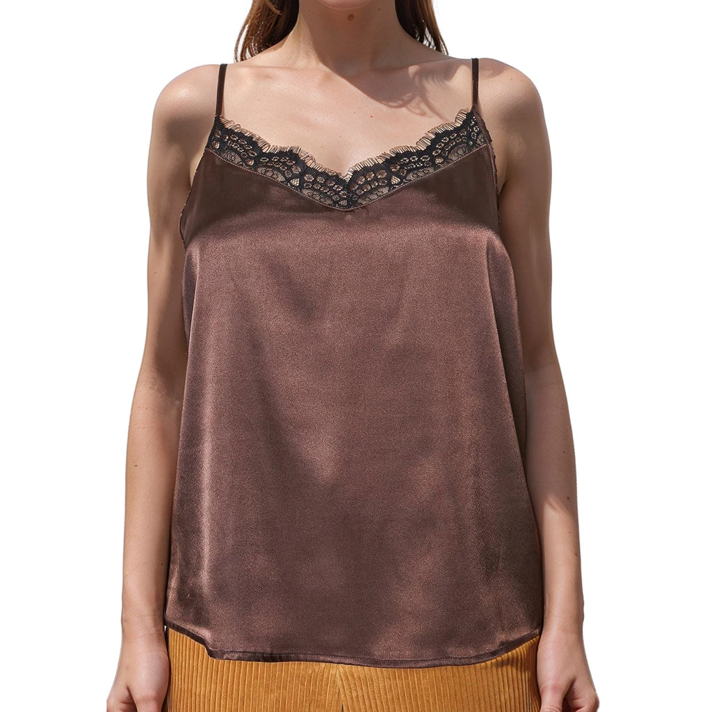 Pleione Women's Lace Trim Cami Blouse In Chocolate