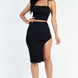 Sexy Solid Color Crisscross Back Cami Crop Top & Split Thigh Midi Skirt Set