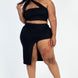 Plus Size Sexy Solid One Shoulder Crop Top & Split Thigh Midi Skirt Set