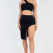 Sexy Solid One Shoulder Crop Top & Split Thigh Midi Skirt Set