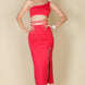 Sexy Solid Color One Shoulder Crop Top & Drawstring Ruched Crisscross Tie Back Side Slit Hem Skirt Set