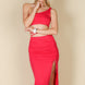 Sexy Solid Color One Shoulder Crop Top & Drawstring Ruched Crisscross Tie Back Side Slit Hem Skirt Set