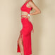 Sexy Solid Color One Shoulder Crop Top & Drawstring Ruched Crisscross Tie Back Side Slit Hem Skirt Set
