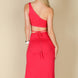 Sexy Solid Color One Shoulder Crop Top & Drawstring Ruched Crisscross Tie Back Side Slit Hem Skirt Set